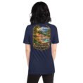 Navy Mazandaran unisex t-shirt, back view with Veresk Bridge and the slopes of the Alborz design