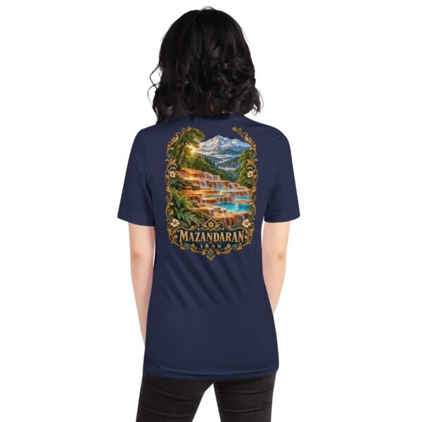 Navy Mazandaran unisex t-shirt, back view with Veresk Bridge and the slopes of the Alborz design