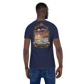 Navy Markazi unisex t-shirt, back view with mountains of Haftad Gholleh in central Iran design