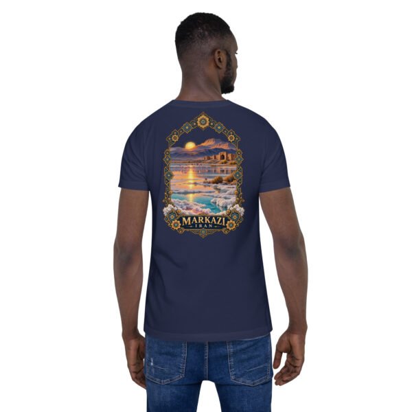 Navy Markazi unisex t-shirt, back view with mountains of Haftad Gholleh in central Iran design
