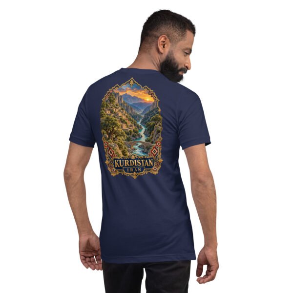 unisex-staple-t-shirt-navy-back-6acbcf7f1e1e7.jpg Navy Kurdistan unisex t-shirt, back view with Hawraman stepped village and the Sirwan River design