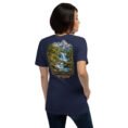 Navy Kohgiluyeh and Boyer-Ahmad unisex t-shirt, back view with Yasuj waterfall and Zagros oak forests design