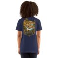 Navy Khuzestan unisex t-shirt, back view with Shushtar Historical Hydraulic System and its waterfalls design