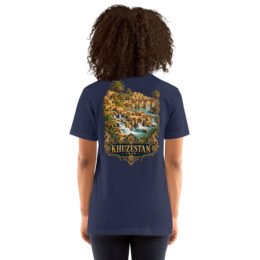 Navy Khuzestan unisex t-shirt, back view with Shushtar Historical Hydraulic System and its waterfalls design
