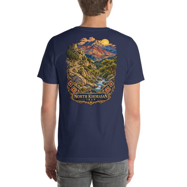Navy North Khorasan unisex t-shirt, back view with Aladagh mountains and the forests of Golestan National Park design