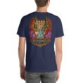 Navy South Khorasan unisex t-shirt, back view with Lut Desert with barberry and saffron fields design