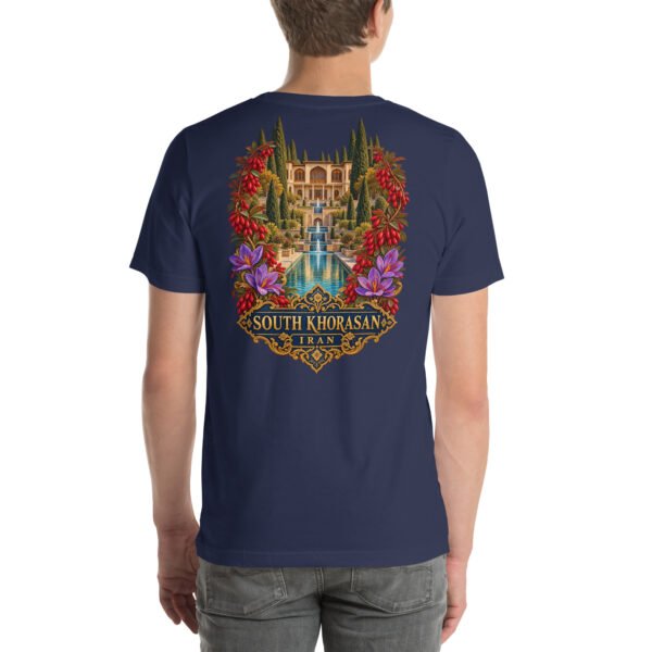 Navy South Khorasan unisex t-shirt, back view with Lut Desert with barberry and saffron fields design