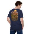Navy Kerman unisex t-shirt, back view with Kaluts of Shahdad and the Shazdeh Garden of Mahan design