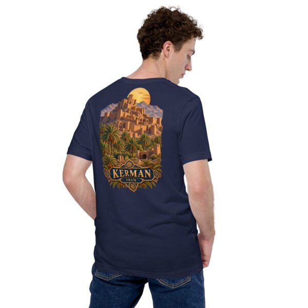 unisex-staple-t-shirt-navy-back-6acbd5352c4cd.jpg Navy Kerman unisex t-shirt, back view with Kaluts of Shahdad and the Shazdeh Garden of Mahan design