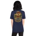 Navy Isfahan unisex t-shirt, back view with Naqsh-e Jahan Square and Ali Qapu Palace design