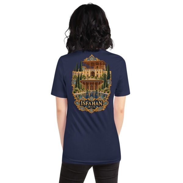 Navy Isfahan unisex t-shirt, back view with Naqsh-e Jahan Square and Ali Qapu Palace design