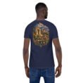 Navy Ilam unisex t-shirt, back view with Zagros mountains and ancient Elamite rock reliefs design