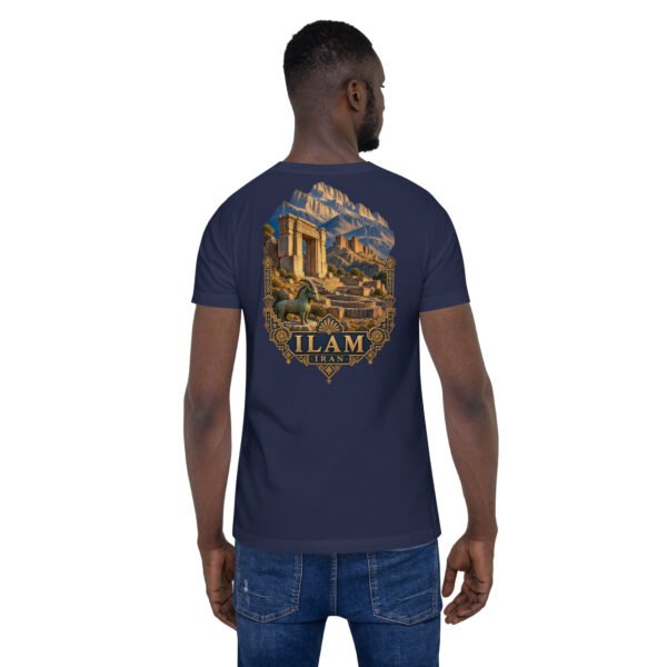 Navy Ilam unisex t-shirt, back view with Zagros mountains and ancient Elamite rock reliefs design