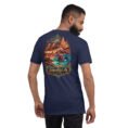 Navy Hormozgan unisex t-shirt, back view with Laft windcatchers, colorful Hormuz soil and the Persian Gulf design