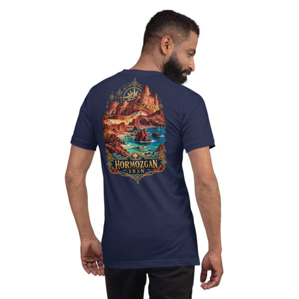 Navy Hormozgan unisex t-shirt, back view with Laft windcatchers, colorful Hormuz soil and the Persian Gulf design