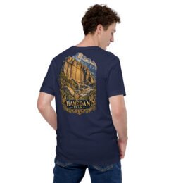 Navy Hamedan unisex t-shirt, back view with Ganjnameh inscriptions and Mount Alvand design