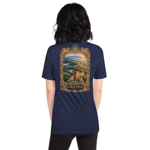 Navy Golestan unisex t-shirt, back view with Great Wall of Gorgan, Hyrcanian forest and northern plains design