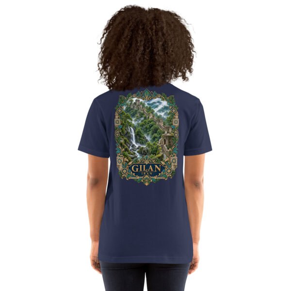 Navy Gilan unisex t-shirt, back view with Rudkhan Castle, misty forest and waterfalls design