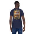 Navy Qom unisex t-shirt, back view with Deir-e Gachin caravanserai, desert and salt lake design