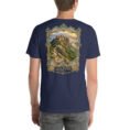 Navy Qazvin unisex t-shirt, back view with Alamut Castle, Alborz cliffs and ancient rock motifs design