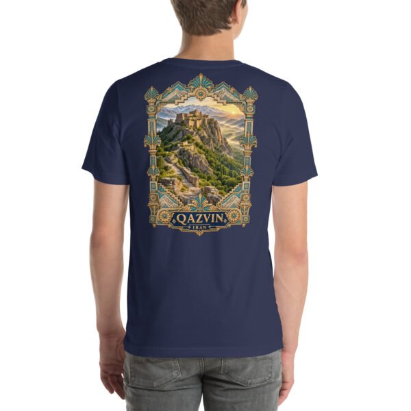 Navy Qazvin unisex t-shirt, back view with Alamut Castle, Alborz cliffs and ancient rock motifs design