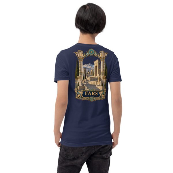 Navy Fars unisex t-shirt, back view with Achaemenid column capital and Persepolis design