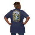 Navy Chaharmahal and Bakhtiari unisex t-shirt, back view with Koohrang waterfall, Zagros cliffs and Bakhtiari kilim patterns design