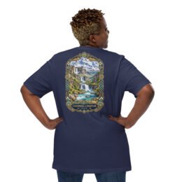 unisex-staple-t-shirt-navy-back-6acbdd3bf194e.jpg Navy Chaharmahal and Bakhtiari unisex t-shirt, back view with Koohrang waterfall, Zagros cliffs and Bakhtiari kilim patterns design
