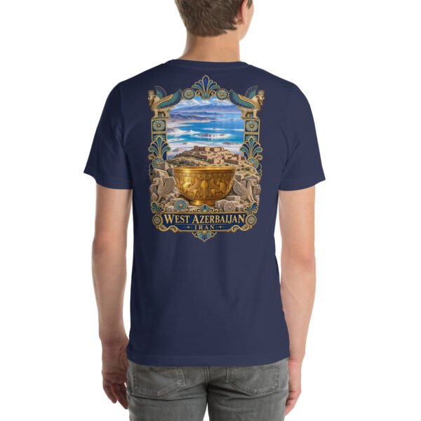 Navy West Azerbaijan unisex t-shirt, back view with Hasanlu, Lake Urmia and Iron Age motifs design