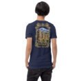 Navy Ardabil unisex t-shirt, back view with Shahr-e Yeri stone figure in front of Mount Sabalan design