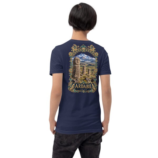 Navy Ardabil unisex t-shirt, back view with Shahr-e Yeri stone figure in front of Mount Sabalan design