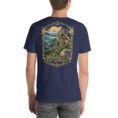 Navy East Azerbaijan unisex t-shirt, back view with Babak Castle on its mountain peak at sunrise design