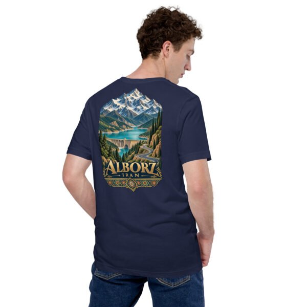 Navy Alborz unisex t-shirt, back view with Alborz Mountains, dam lake and winding road design