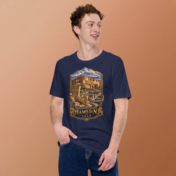 unisex-staple-t-shirt-navy-front-2-6acbd9f3e42fc.jpg Navy Hamedan unisex t-shirt, front view with Ganjnameh inscriptions and Mount Alvand design