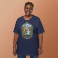 Navy Chaharmahal and Bakhtiari unisex t-shirt, front view with Zard-Kuh and the Koohrang waterfall design