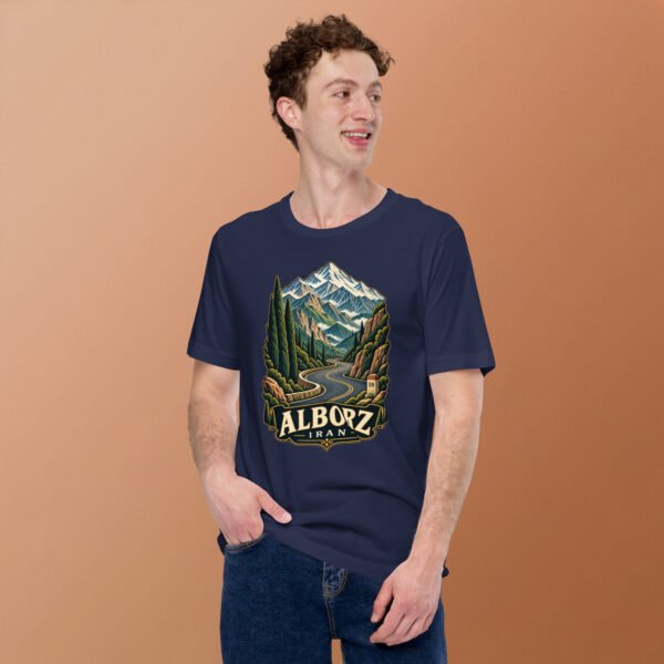 Navy Alborz unisex t-shirt, front view with Chalus Road winding through the Alborz Mountains design