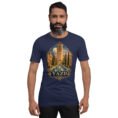 Navy Yazd unisex t-shirt, front view with Narin Castle of Meybod and a traditional dovecote design