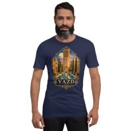 Navy Yazd unisex t-shirt, front view with Narin Castle of Meybod and a traditional dovecote design