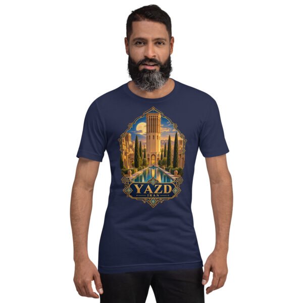 Navy Yazd unisex t-shirt, front view with Narin Castle of Meybod and a traditional dovecote design