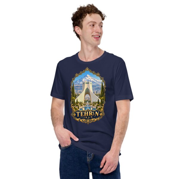 Navy Tehran unisex t-shirt, front view with Azadi Tower and Mount Damavand design