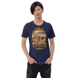 Navy Semnan unisex t-shirt, front view with Qasr-e Bahram caravanserai in the Dasht-e Kavir design