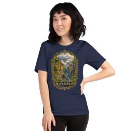 Navy Mazandaran unisex t-shirt, front view with terraced springs of Badab-e Surt in the Hyrcanian forest design