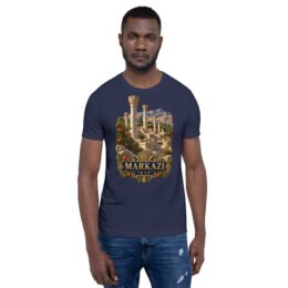 unisex-staple-t-shirt-navy-front-6acbce3b455f3.jpg Navy Markazi unisex t-shirt, front view with ancient columns of Khorheh design