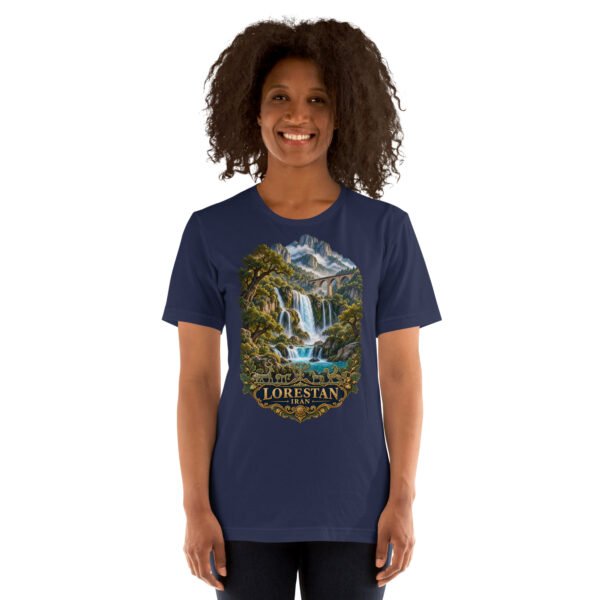 Navy Lorestan unisex t-shirt, front view with Falak-ol-Aflak Castle in Khorramabad design