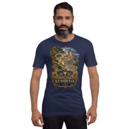 Navy Kurdistan unisex t-shirt, front view with Ziwiye fortress and golden Mannaean motifs design