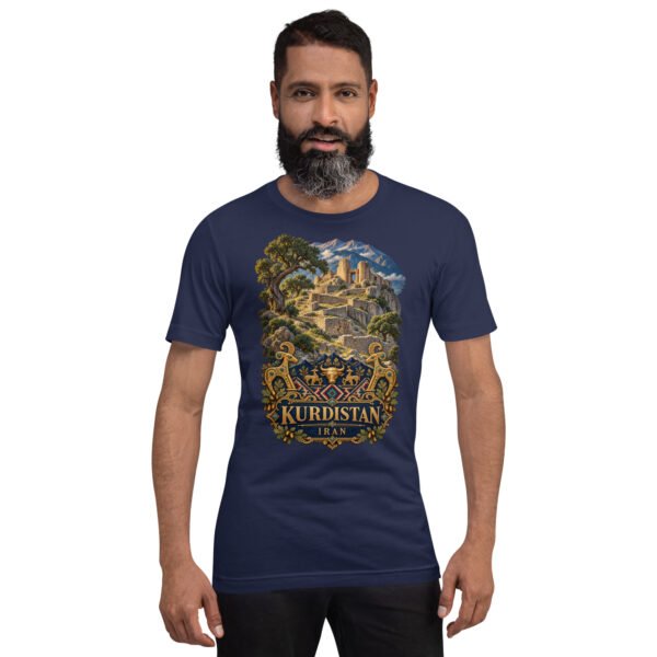 unisex-staple-t-shirt-navy-front-6acbcf7f1d520.jpg Navy Kurdistan unisex t-shirt, front view with Ziwiye fortress and golden Mannaean motifs design