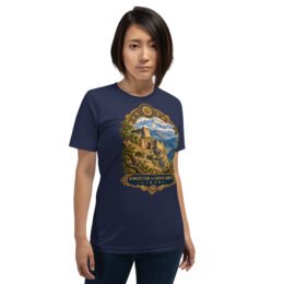 Navy Kohgiluyeh and Boyer-Ahmad unisex t-shirt, front view with Tang-e Balqis gorge and Mount Dena design