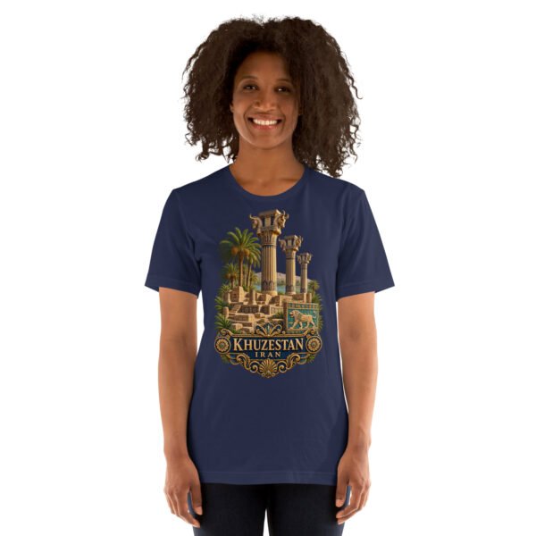 Navy Khuzestan unisex t-shirt, front view with ancient Susa design