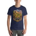 Navy North Khorasan unisex t-shirt, front view with historic citadel of Shirvan and vineyards design