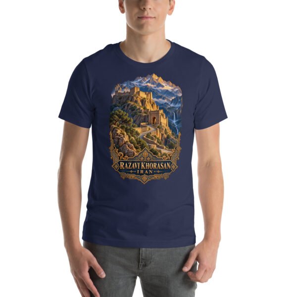Navy Khorasan Razavi unisex t-shirt, front view with Tomb of Ferdowsi in ancient Tus design